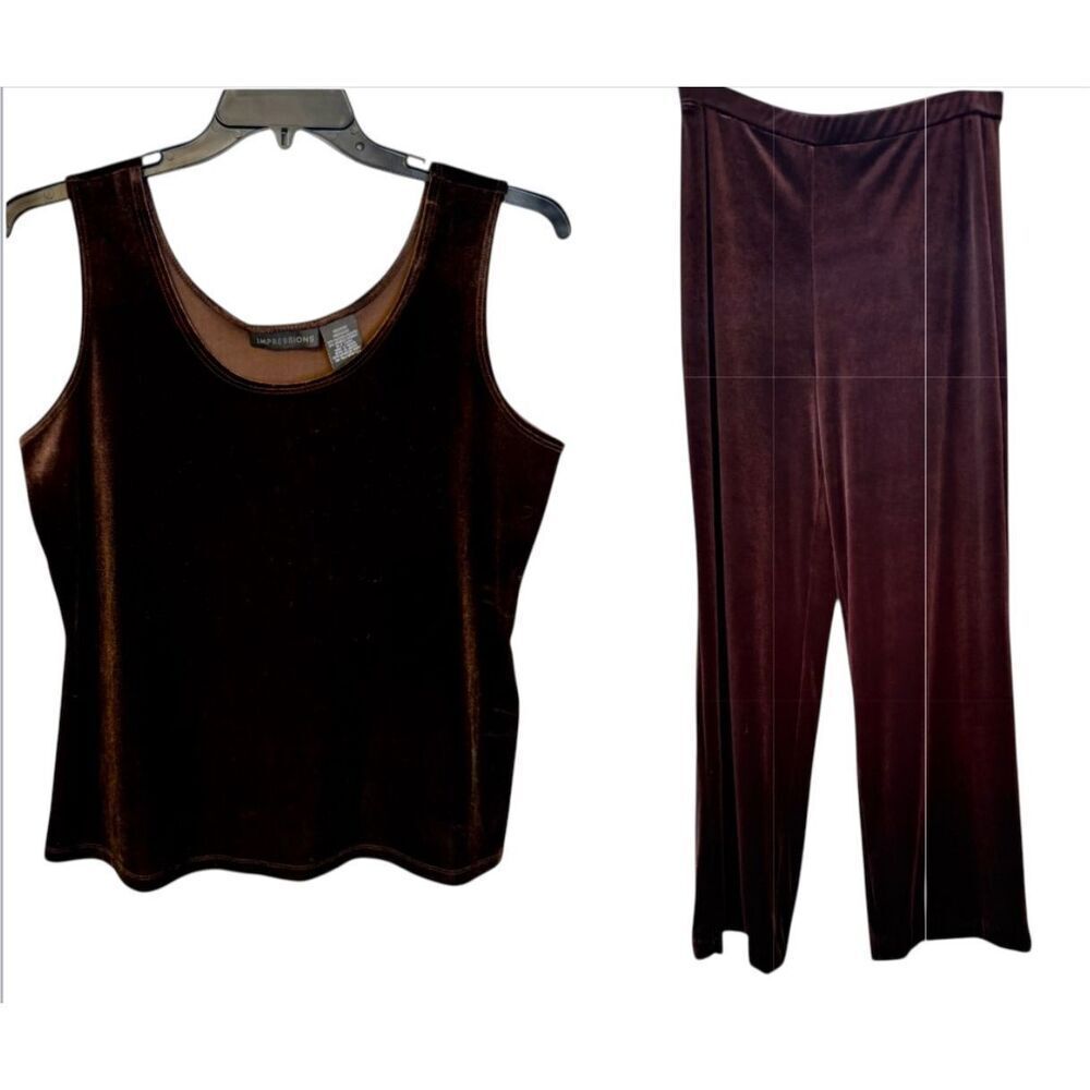 Impressions Chocolate Brown Velvet Tank and Pants 2-Pieces Stretch Pull-On Sz M